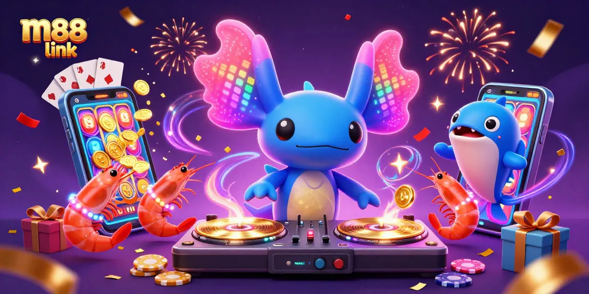 Engage with the vibrant m88 link scene featuring animated casino elements and lively characters.