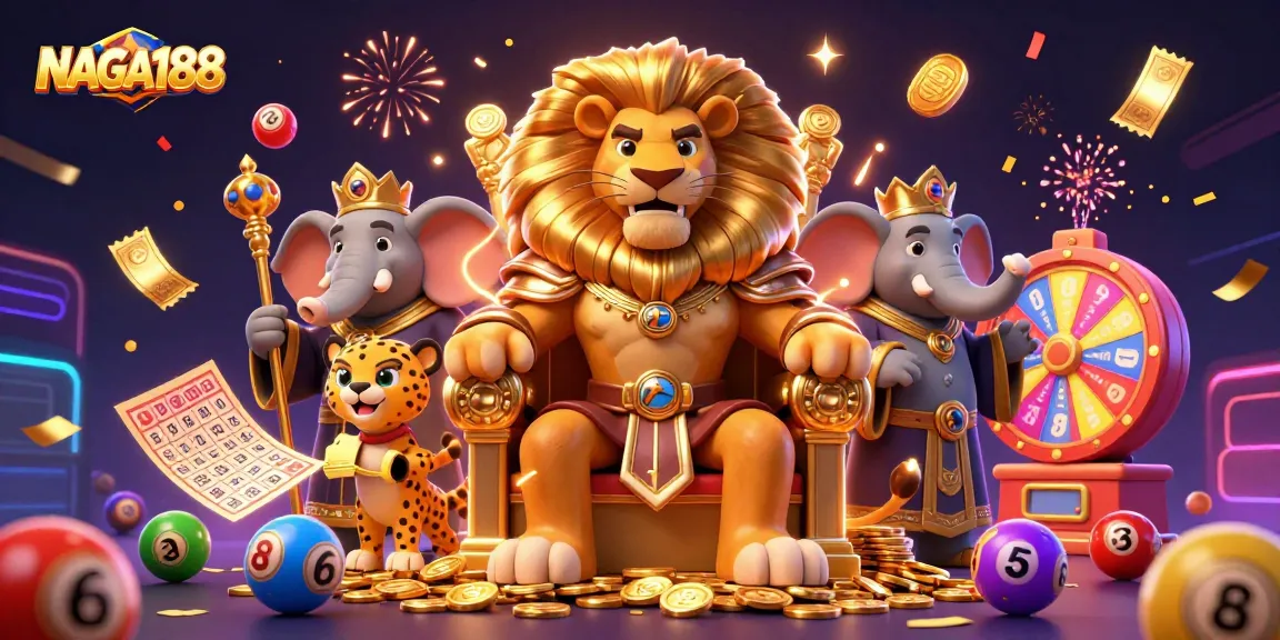 NAGA188: Jackpot dengan raja singa, gajah bijak, dan cheetah pembawa pesan di kasino.