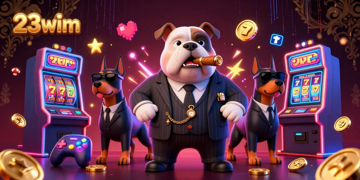 Engage in thrilling slot gameplay at 23wim with vibrant casino elements surrounding a cartoon mafia boss.