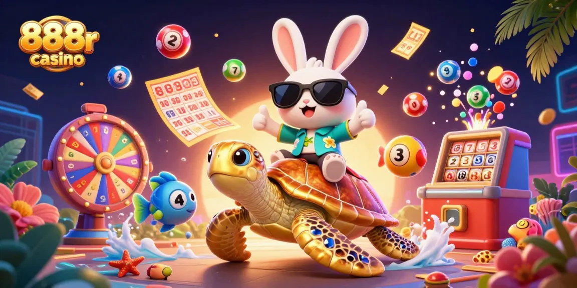 Join the fun at 888r casino with an energetic illustration featuring lucky rabbit and golden sea turtle!