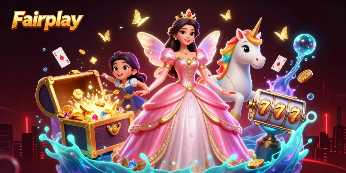Experience Fairplay with a glamorous casino-themed scene featuring a fairy-tale princess and a golden unicorn.