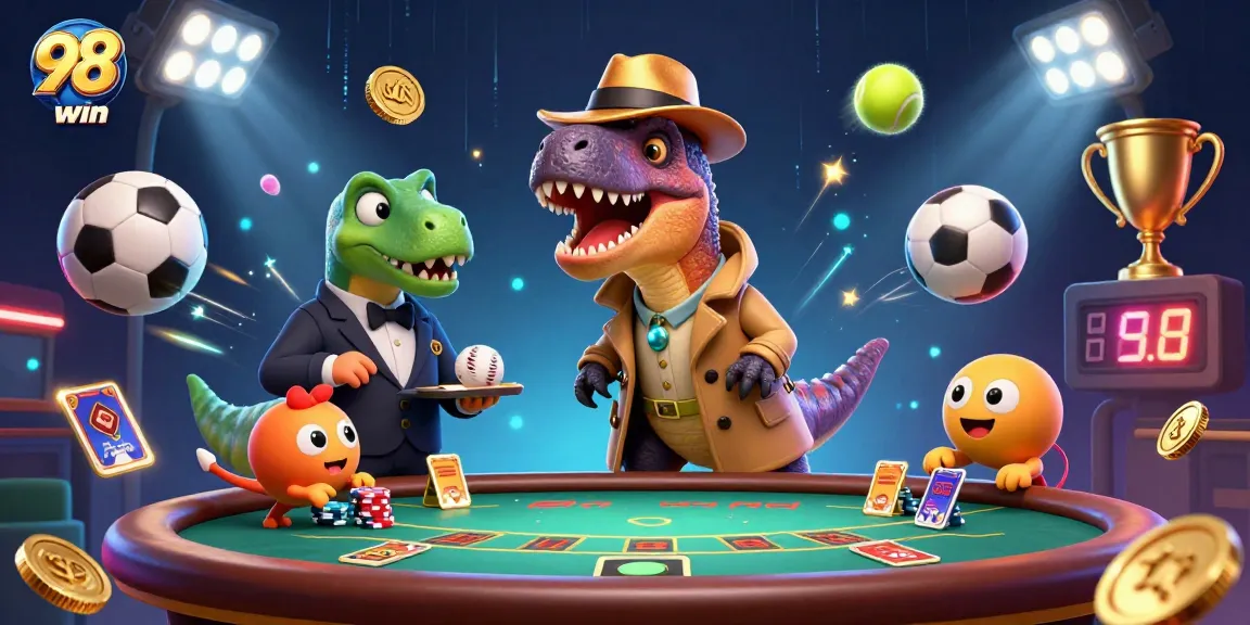 Experience thrilling moments at 98win's casino with cartoon dinosaurs blending in at blackjack.
