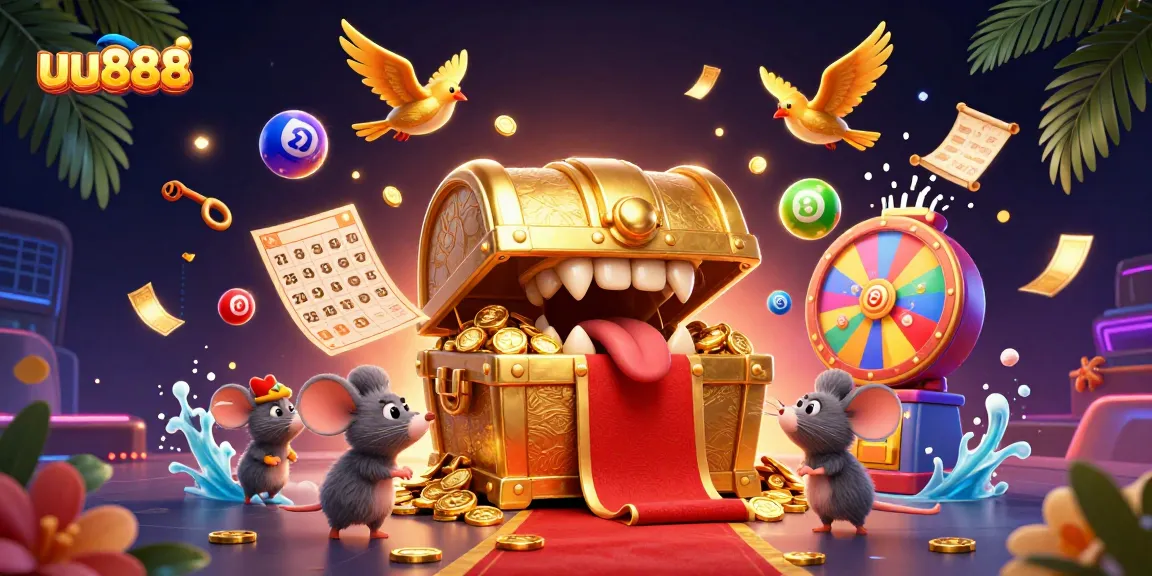 uu888 casino adventure showcases vibrant lottery balls and a treasure chest promising riches.