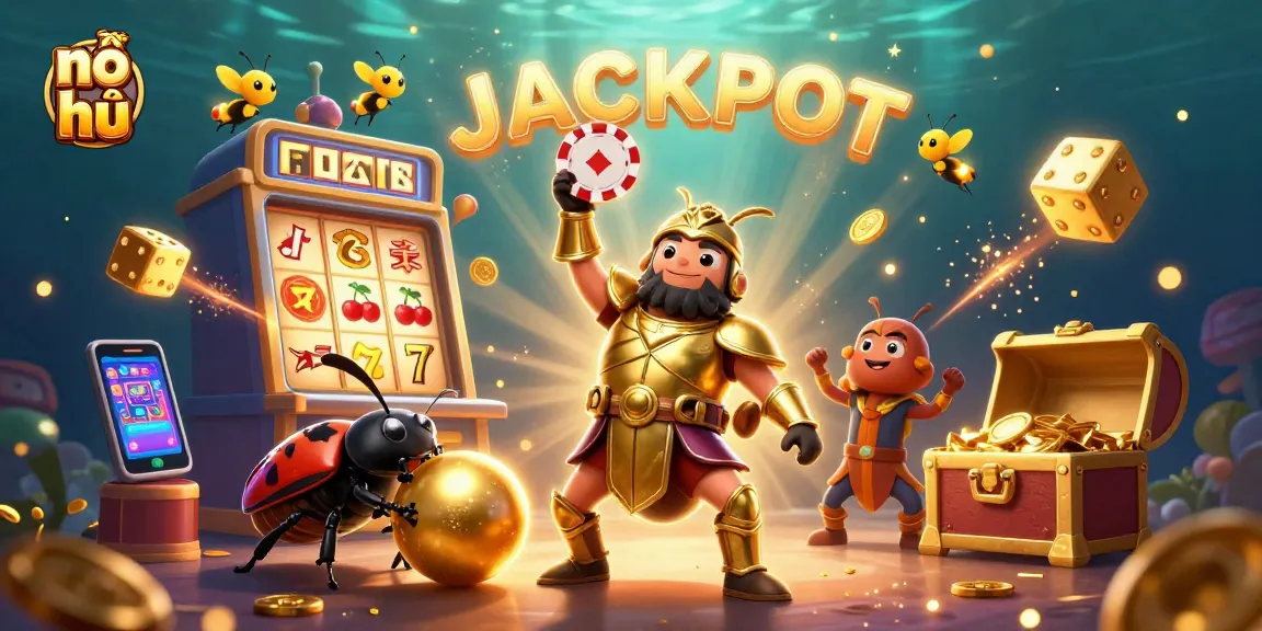 Experience nổ hũ excitement with a victory pose and jackpot elements in this vibrant casino scene.
