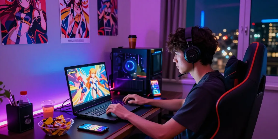 Player immersed in a captivating hentai game in a bright gaming room filled with LED lights and anime posters.