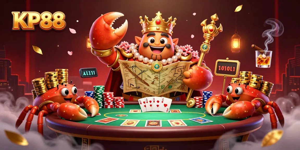 Engage in thrilling poker action with KP88's vibrant casino scene featuring a golden crab emperor and lively elements.