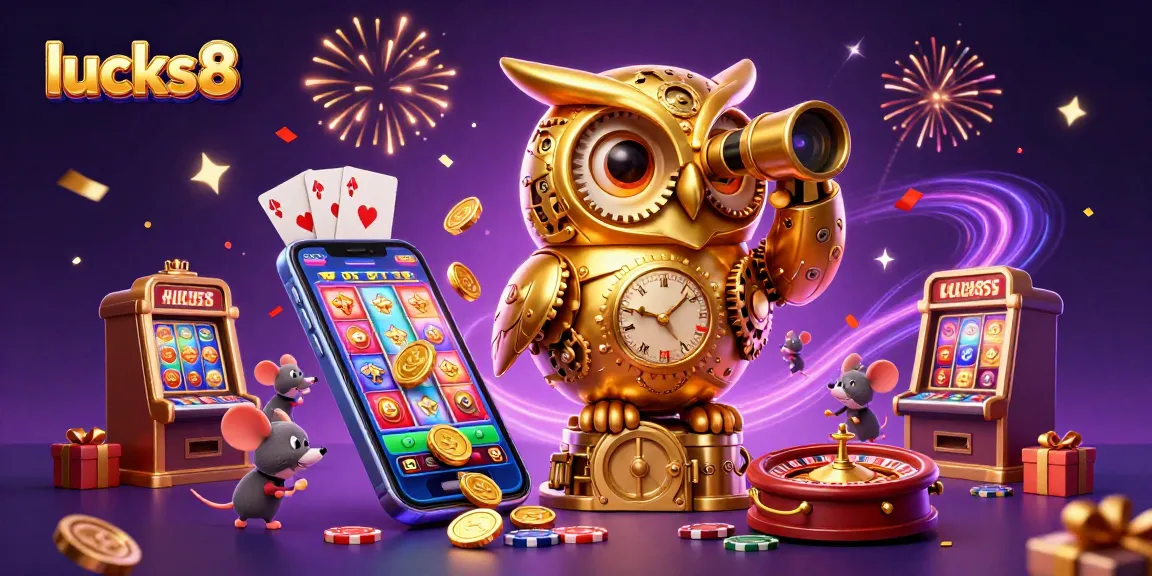 Experience excitement at lucks8 with a collage of 3D gaming elements celebrating casino thrills.