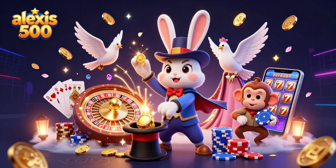 Play exciting games with alexis 500 as a magician rabbit conjures coins amidst vibrant casino elements.