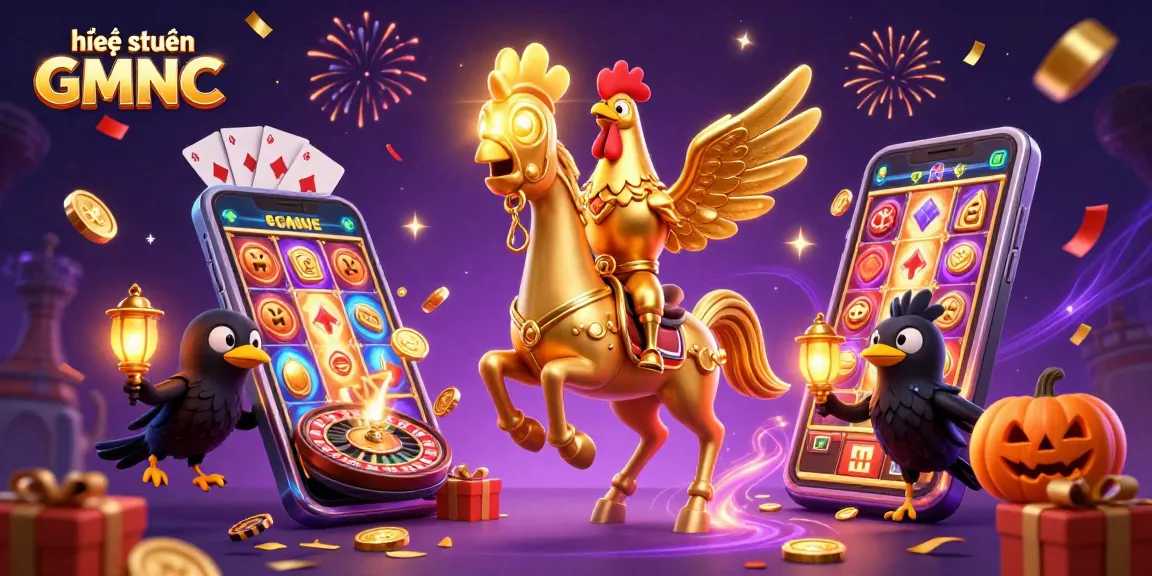 The dynamic scene showcasing hệ thống GMNC highlights a golden rooster hero and gaming excitement.