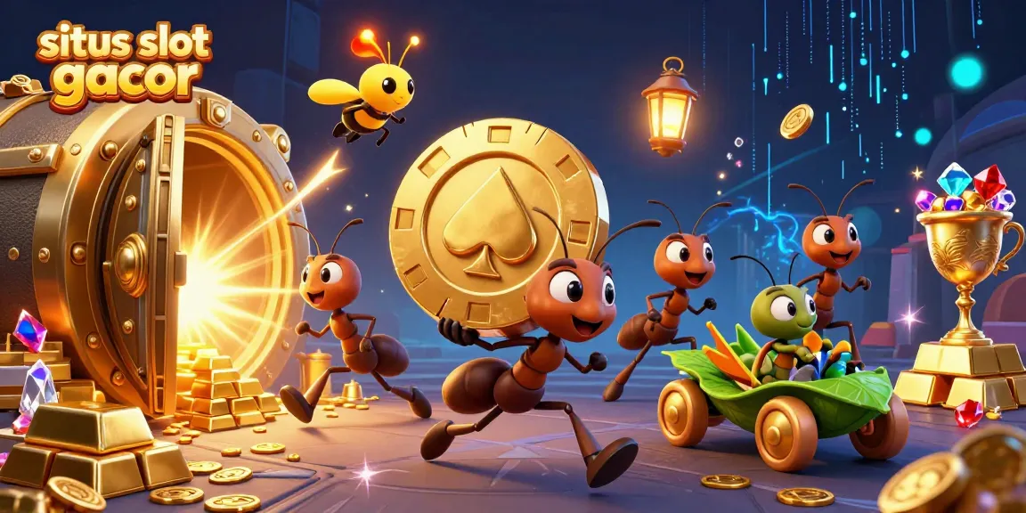Experience exciting gameplay at situs slot gacor with ants carrying a giant poker chip in a dynamic casino scene.