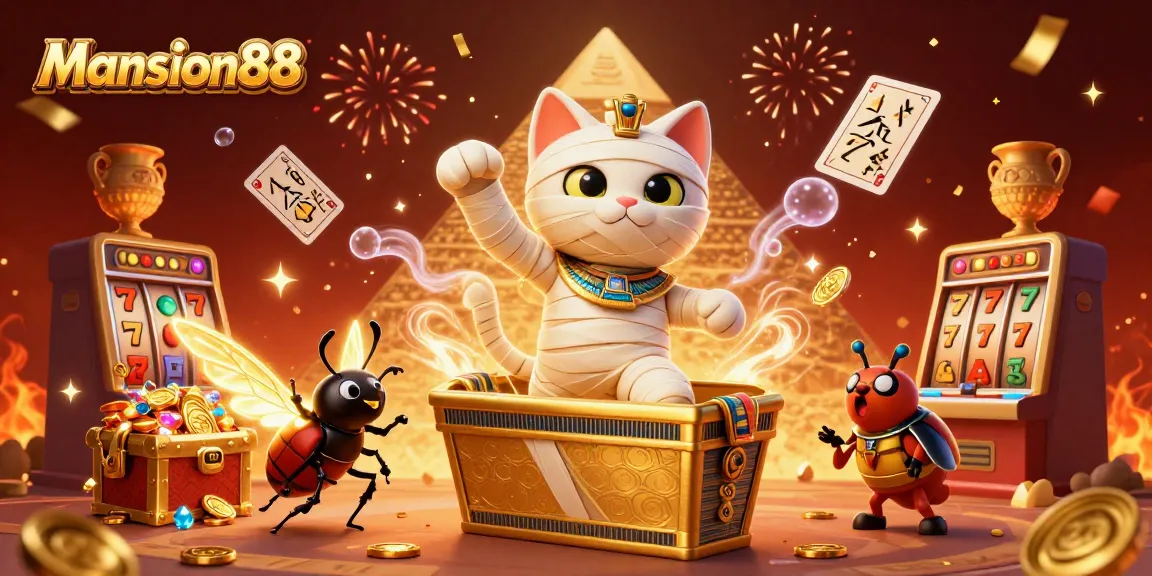 Mansion88 offers thrilling gameplay with a dynamic casino scene featuring a mummy cat and rich slot elements.