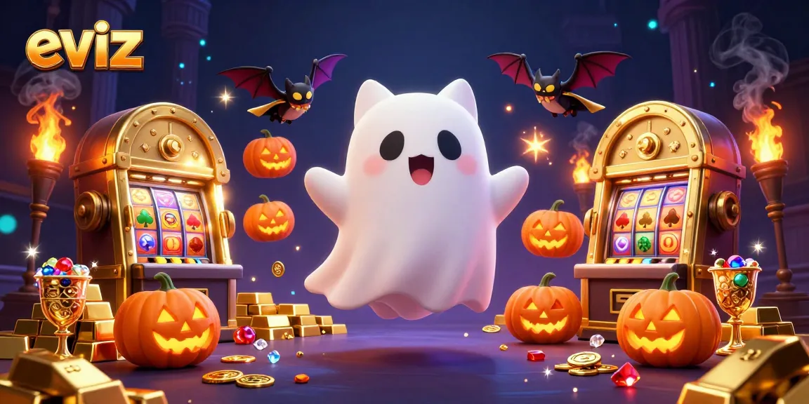Join the ghost cat and vampire bat in eviz at a haunted casino adventure with glowing jackpots and treasures.