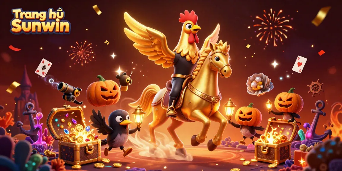 Join the excitement at Trang chủ Sunwin with golden rooster characters and treasure chests in a thrilling casino scene.