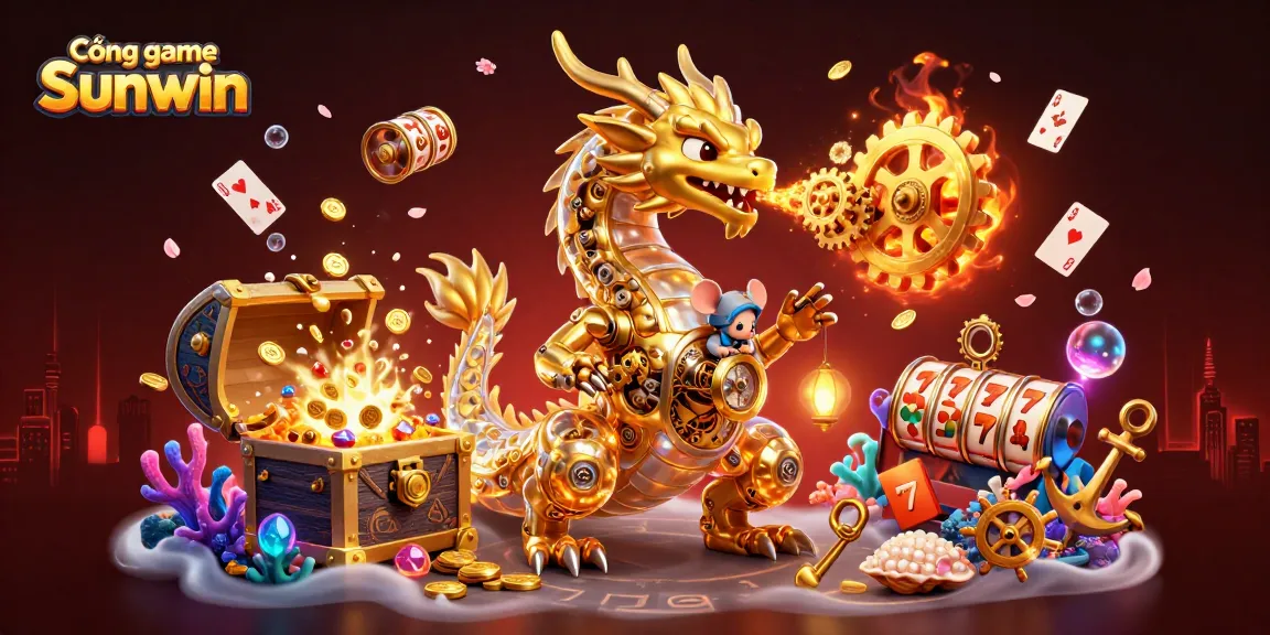 Cổng game Sunwin showcases a vibrant 3D scene of a golden dragon and underwater treasures, perfect for players.