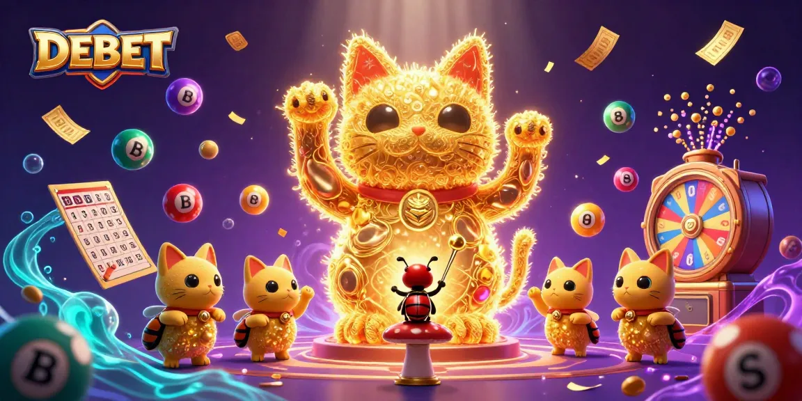 DEBET showcases a giant lucky cat surrounded by vibrant casino elements, perfect for engagement.