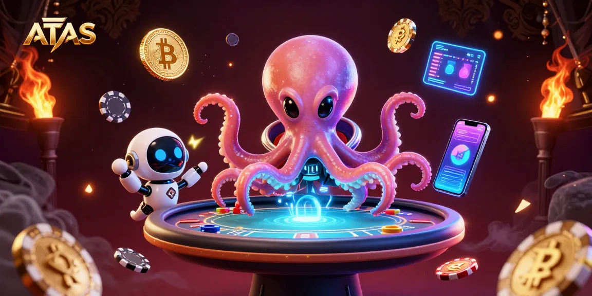 Engage in dynamic gameplay at ATAS, where an alien octopus manages a holographic poker table amidst vibrant crypto visuals.