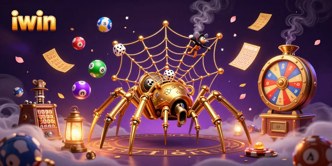 iwin showcases a captivating 3D scene with a steampunk spider and vibrant casino elements.