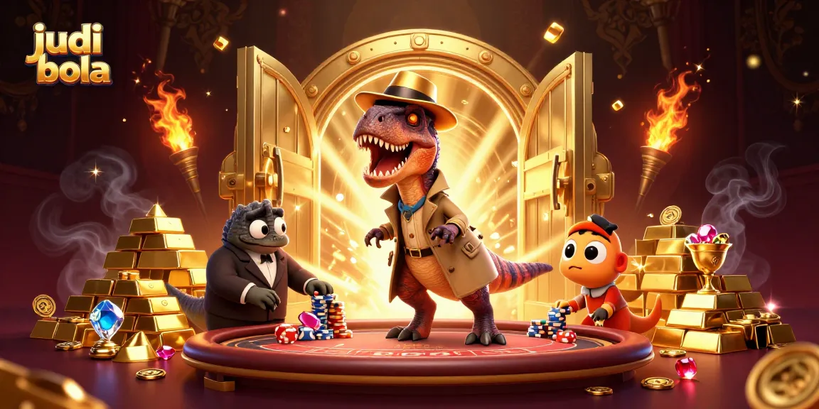 Experience judi bola excitement with a cartoon velociraptor at the casino table, showcasing thrilling action.