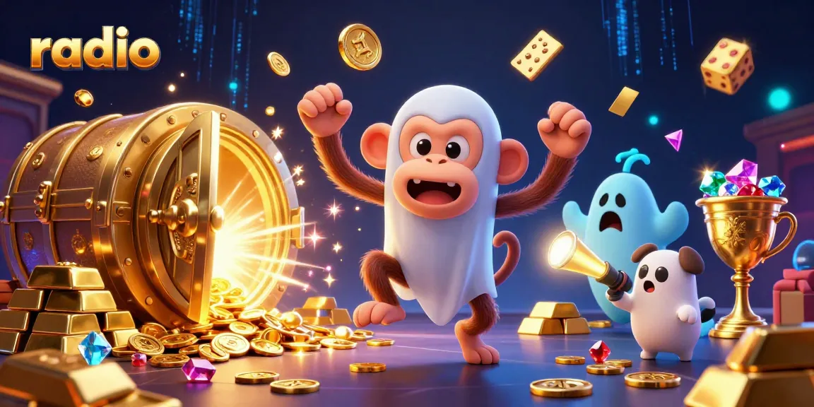 Experience the thrilling atmosphere of a casino with vibrant characters and gold elements while enjoying the radio experience.