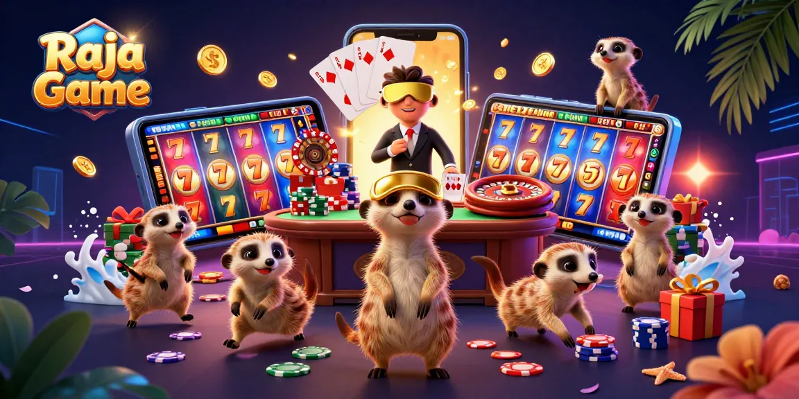 Engage in Raja Game with lively meerkats operating a vibrant casino scene showcasing slots and playful elements.