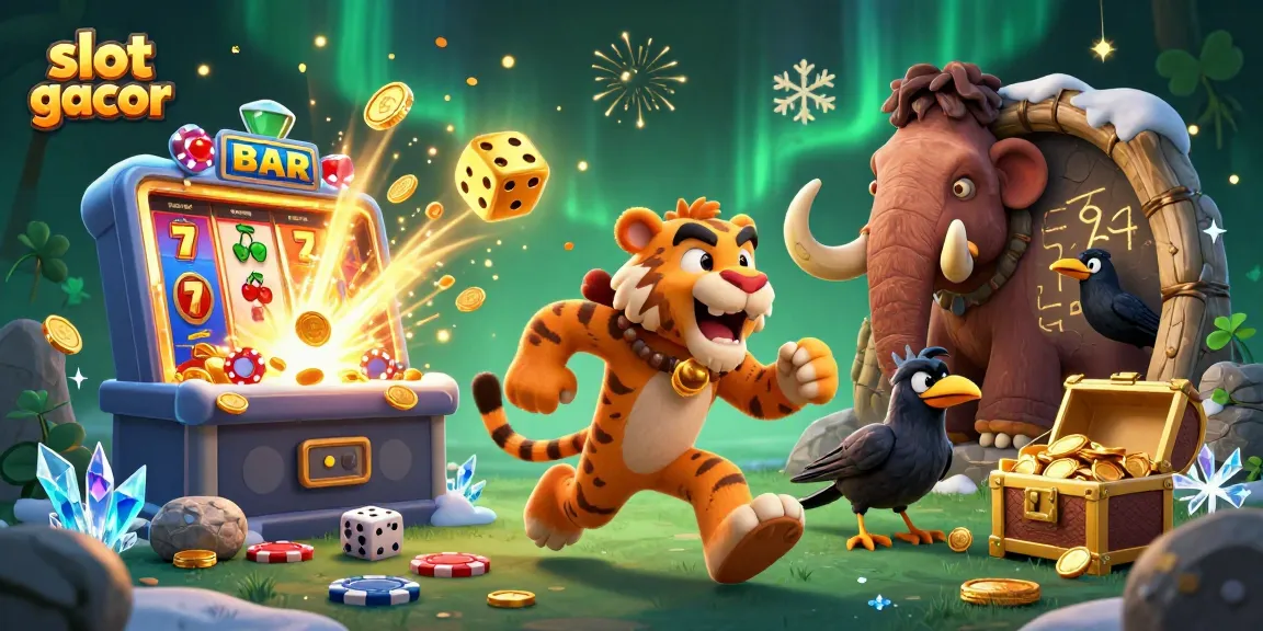 Engage with exciting slot gacor games in a vibrant, fantastical prehistoric casino scene.