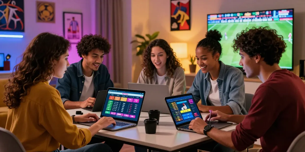 Friends analyzing betebet betting options in a lively setting, with laptops and sports decor.
