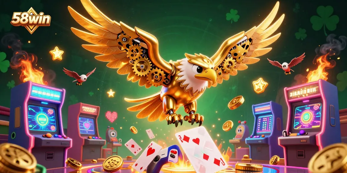 Experience thrilling wins with 58win's vibrant casino gaming, featuring a dynamic golden eagle and arcade games.