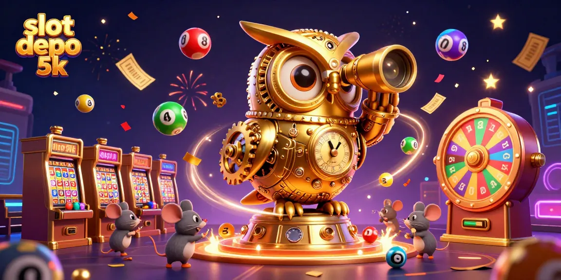 Engage with slot depo 5k as a cartoon owl oversees a bustling casino scene filled with dynamic lottery excitement and vibrant game elements.