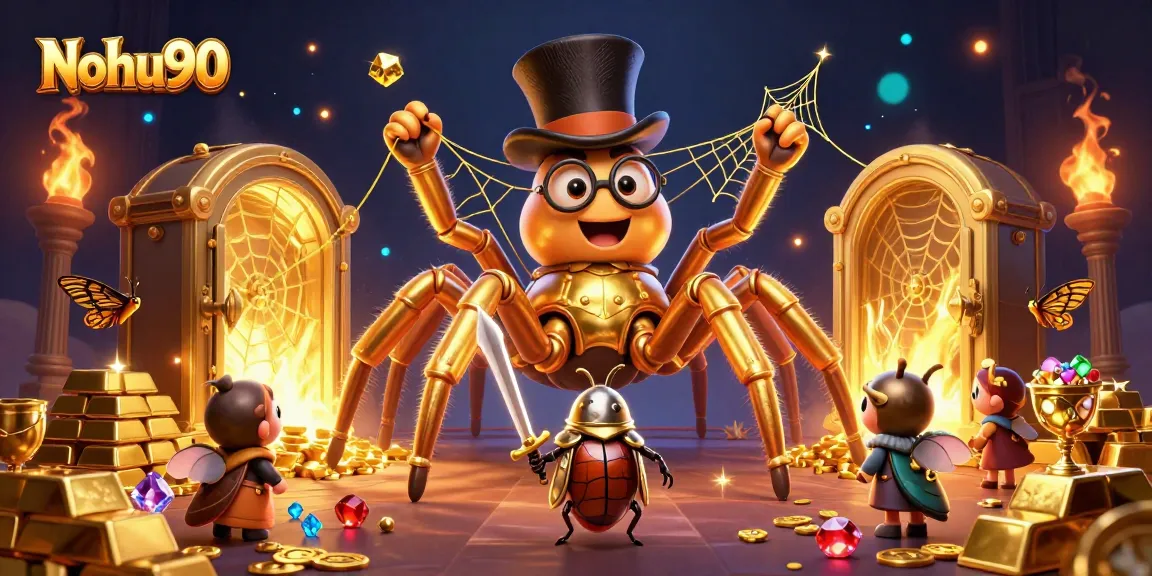 Nohu90 showcases a golden tarantula and beetle knight among dazzling casino treasures and lights.
