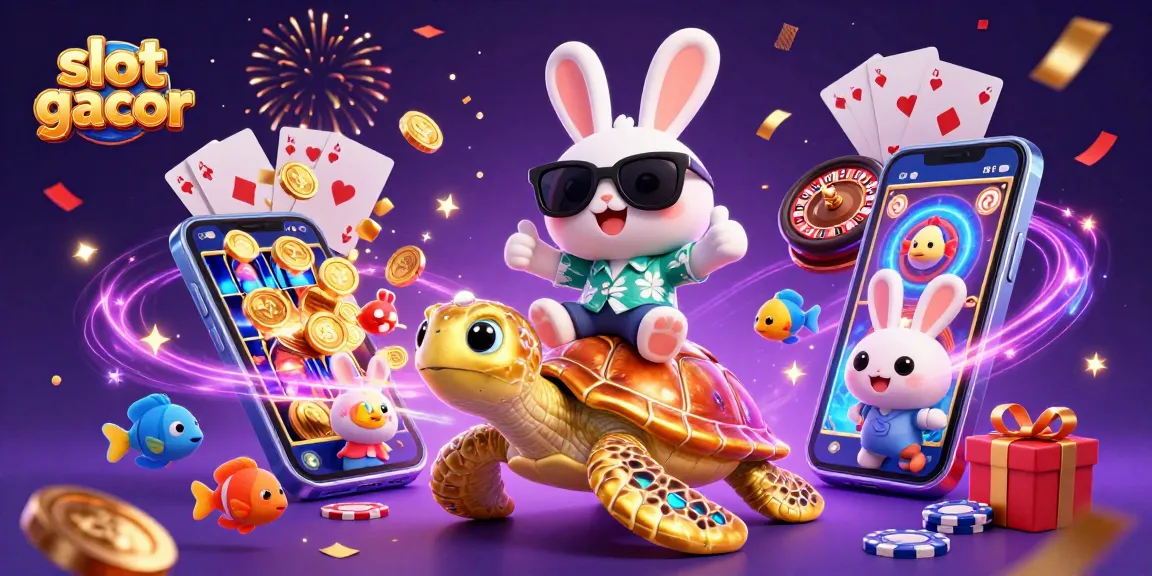 Engage in thrilling gameplay with slot gacor features, as a lucky rabbit rides a gem-encrusted turtle.