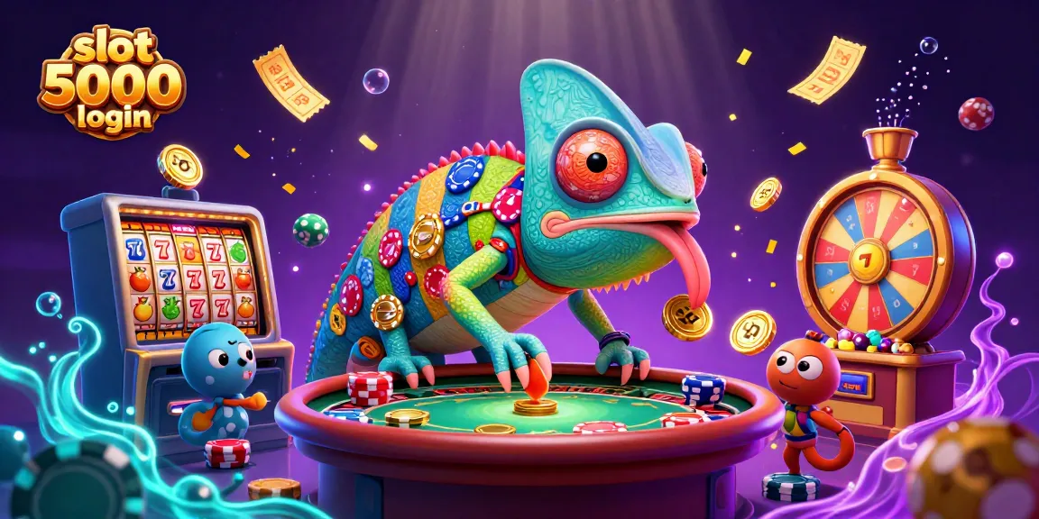 Engage with slot 5000 login and win big in a vibrant casino atmosphere featuring a chameleon owner and dynamic game elements.