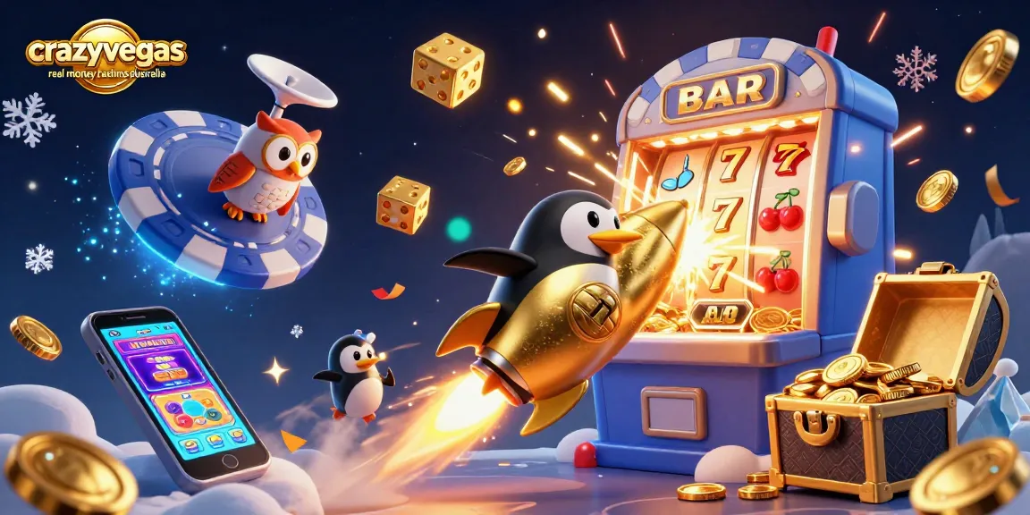Experience the excitement of crazyvegas real money casinos australia, where a golden penguin zooms toward a jackpot-filled cosmic casino.