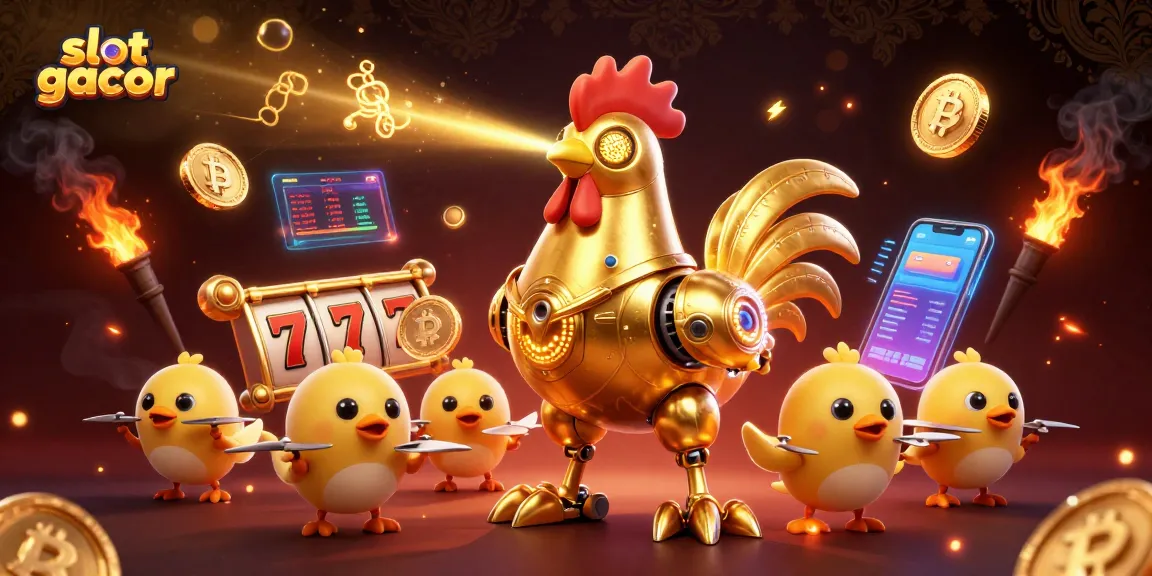 Experience exciting slot gacor action with a futuristic golden rooster robot and baby chick drones in a vibrant casino scene.