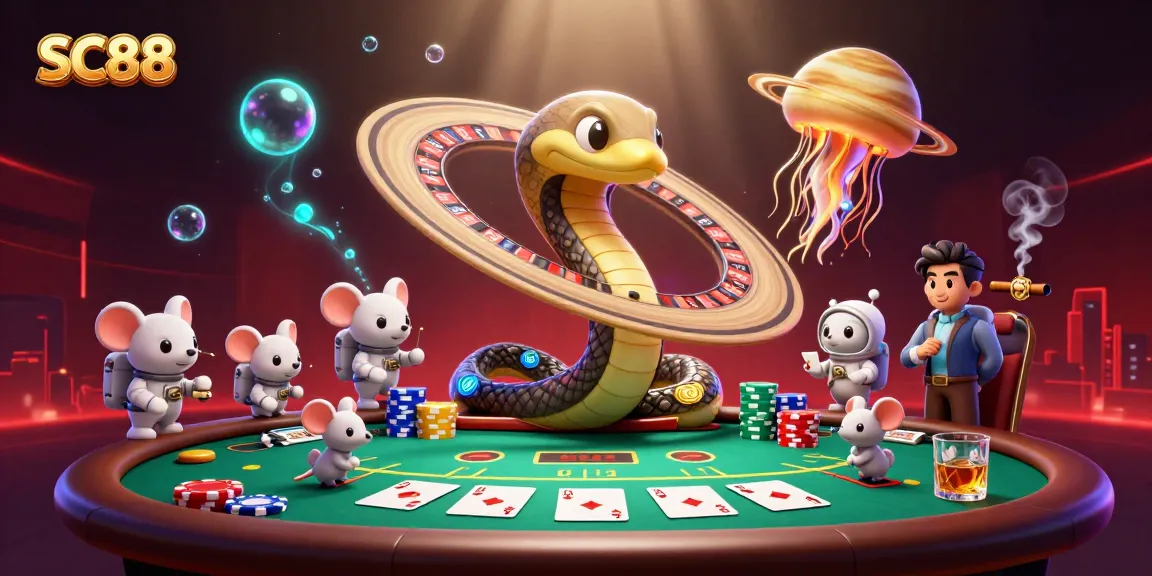 Engage with SC88's vibrant casino atmosphere featuring a snake roulette wheel and eccentric characters.