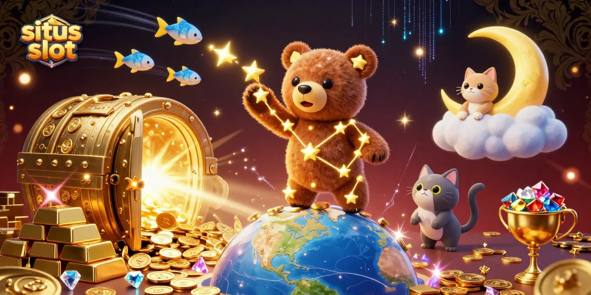 Mencoba menang di situs slot dengan berbagai simbol kemenangan dan tumpukan harta di atas latar mewah.
