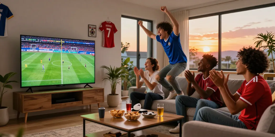 Friends enjoying kora live soccer match in a lively living room.