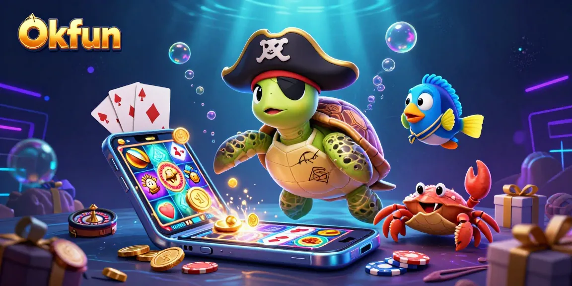Engage with Okfun’s thrilling slot games illustrated in a vibrant underwater treasure scene.