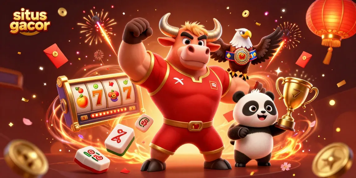 Situs gacor showcases a dynamic casino scene with a muscular bull mascot, eagle, and panda celebrating wins.