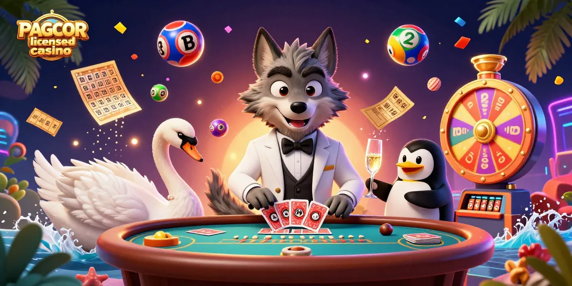 PAGCOR licensed casino vibrant scene with a debonair wolf, elegant swan, and penguin sommelier amidst colorful gaming elements.