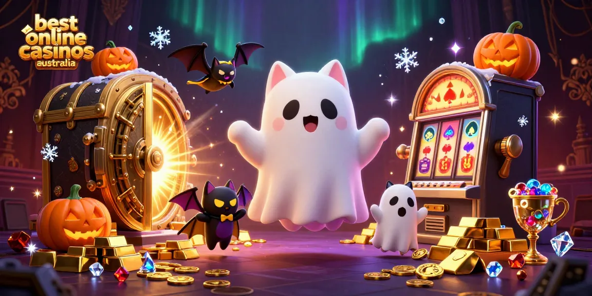 Engaging scene showcasing the best online casinos Australia, featuring a friendly ghost cat and vampire bat in a haunted casino.