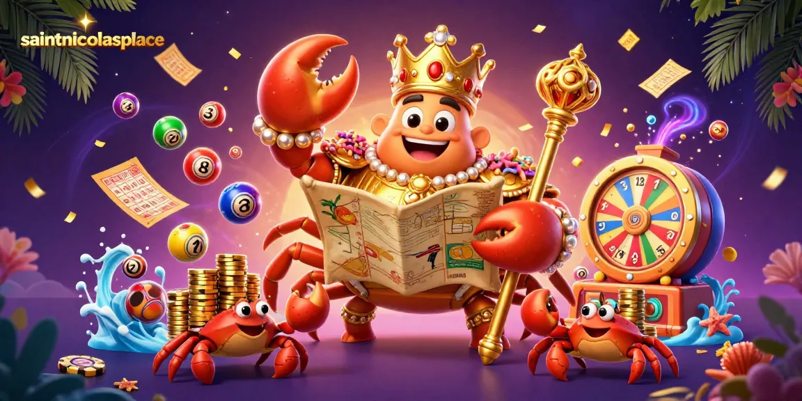 Saintnicolasplace showcases a vibrant animated scene with a golden crab emperor amidst a flurry of lottery balls and casino elements.
